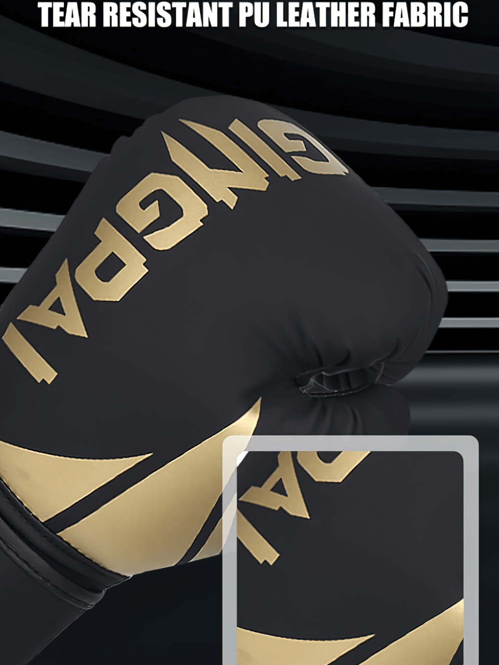 Black and gold breathable PU leather boxing gloves with palm ventilation, designed for durability and intense training sessions.